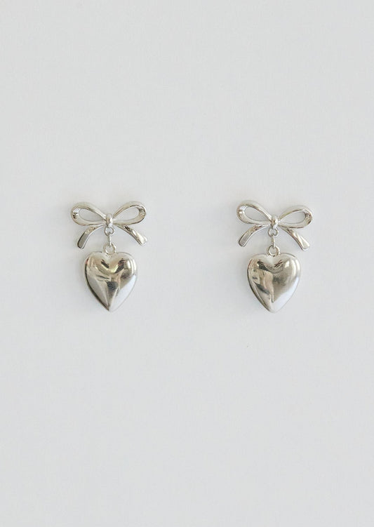 Heart Bow Earrings - Silver